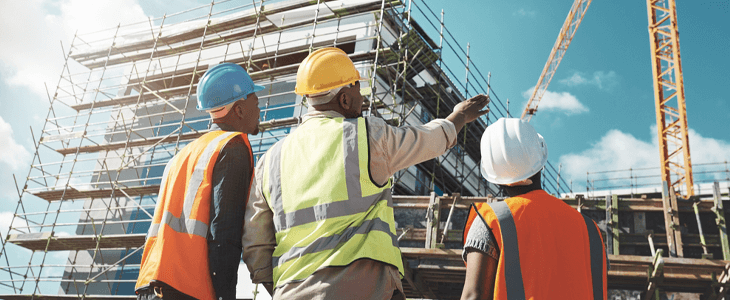 three construction workers look at a skyscraper